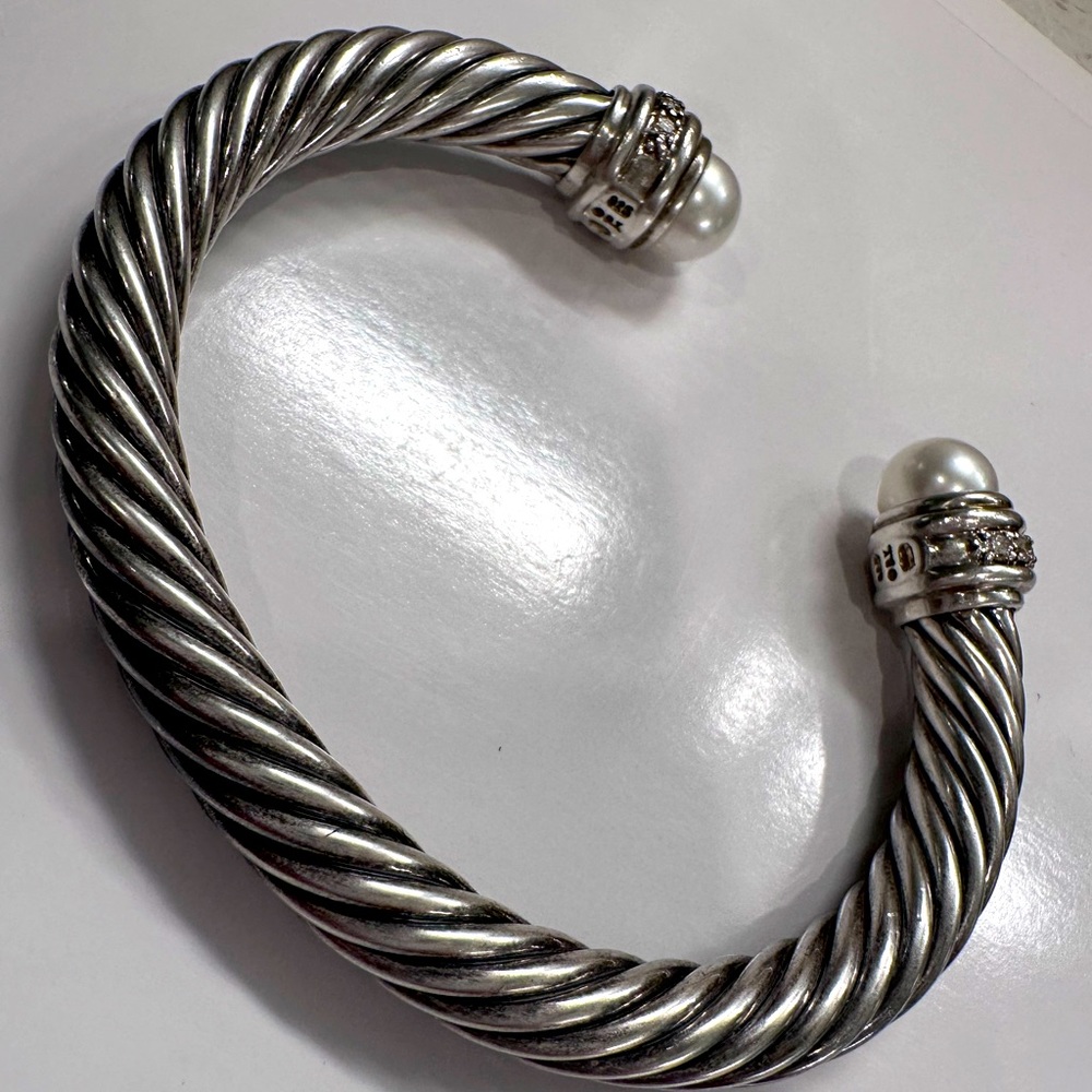 David Yurman Cable Classics Bracelet in Sterling Silver w Pearls & Pavé Diamonds